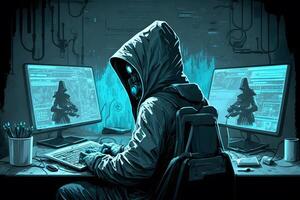 Hacker in a blue hoody standing in front of a code background. Neural network photo