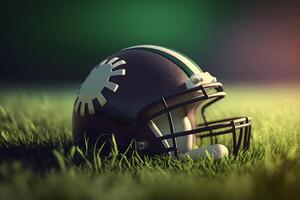 American football helmet on green grass. Neural network art photo