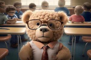 Teddy bear as a student at school. Back to school. Neural network photo