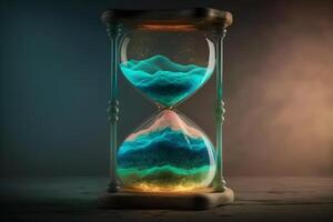 Sand running through the bulbs of an hourglass measuring the passing time in a countdown to a deadline. Neural network photo