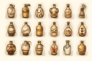 Set of magical potion bottles. Neural network photo