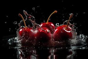 Cherries in a splash of water on a black background. Neural network photo