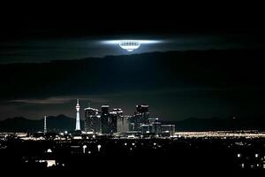 Ufo spaceship over the city. Neural network photo