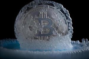 Bitcoin frozen inside ice cube, Bitcoin price crisis concept. Neural network generated art photo