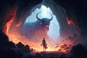 Theseus found the creature minotaur in cave labyrinth greek mythology tale. Neural network generated art photo