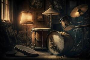 Drum kit in a grunge garage. Neural network photo