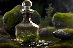 Perfume bottle in a green forest on a mossy substrate. Neural network generated art photo