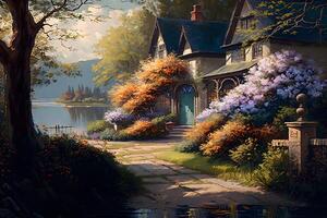 Beautiful fabulous house in a blooming fantasy garden. Neural network art photo