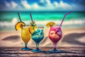 Cocktails by the sea. Summer beach mood. Neural network photo