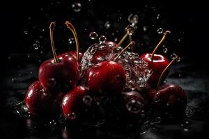 Cherries in a splash of water on a black background. Neural network photo