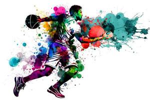 Basketball watercolor splash player in action with a ball isolated on white background. Neural network generated art photo