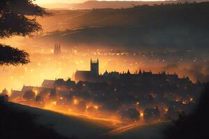 amanecer en antiguo europeo ciudad paisaje. neural red ai generado foto