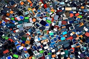 Abstract background from many smartphones. mobile phone recycling. Neural network photo