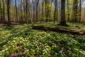 Spring landscape in the forest with white flowers. Neural network photo