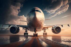 Sunset view of airplane on airport runway under dramatic sky. Neural network photo