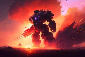 Post apocalypse concept, uprising of robots, battle of man and cyborg. Neural network photo