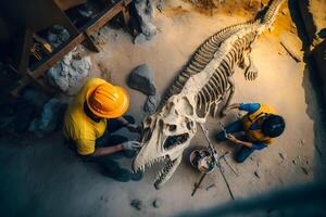 arqueólogo trabajos en un arqueológico sitio con dinosaurio esqueleto en pared Roca fósil tiranosaurio excavaciones neural red ai generado foto