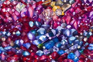 Many small ruby and diamond stones, luxury background. Neural network photo