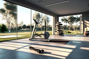 Private gym in luxury home. Neural network photo