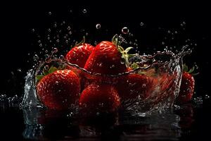 Strawberries and splashes of water on a black background. Neural network photo