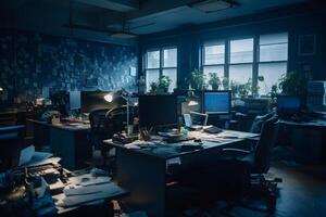 sucio abandonado oficina después empresa cerrar abajo el escritorio es desordenado y polvoriento neural red ai generado foto