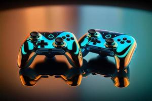 Two console gaming controllers with many buttons and glossy shiny body surface. Neural network generated art photo