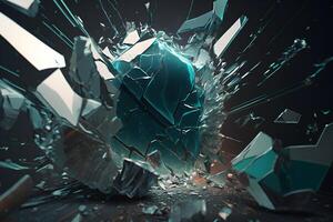 Abstract time freezing image with broken glass figure on dark background. Neural network photo