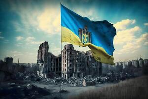 Flag of Ukraine and destroyed building. War concept. Neural network photo