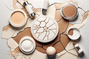 Flat lay composition with various makeup face powders on white background. Neural network photo