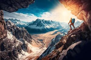 Beautiful mountain landscape and climber. Neural network photo