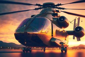 Modern futuristic army helicopter transport in city center. Neural network generated art photo