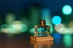Perfume bottle on the background of the night neon city. Neural network photo