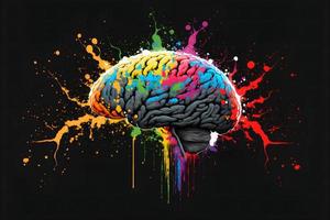 Human brain in colorful splashes on black background. Neural network generated art photo