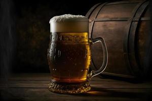 Beautiful beer with foam in classic beer glass in dark scene. Neural network generated art photo