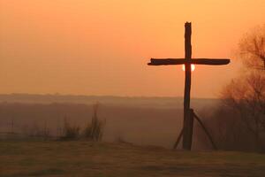 el crucifixión de el crucifixión de Jesús Cristo en el acantilados y montañas. neural red ai generado foto