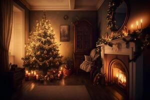 Beautiful cozy Christmas interior with a fireplace. Neural network photo