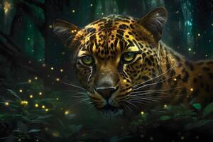 leopard portrait close up on dark background. Neural network photo