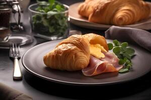 Croissant with ham and cheese on a dark background. Neural network photo