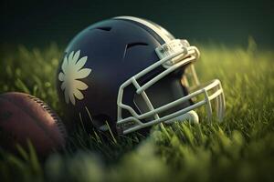 American football helmet on green grass. Neural network art photo