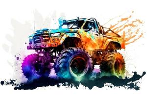 Monster truck sticker with multicolored paint splash. Neural network generated art photo