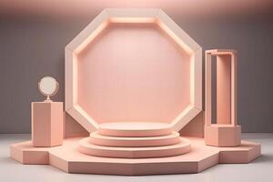 Abstract minimal scene - empty stage, cylinder podium and circle shape on pink background. Neural network photo