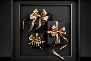 Black gift boxes with gold ribbon on dark background. Neural network photo