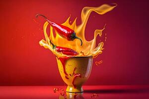 Fresh red chilli pepper in fire as a symbol of burning feeling of spicy food and spices. Red background. Neural network photo
