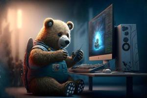 Bear as video game live stream gamer use PC computer for entertainment. Neural network generated art photo