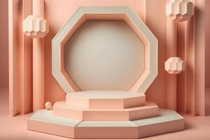 Abstract minimal scene - empty stage, cylinder podium and circle shape on pink background. Neural network photo