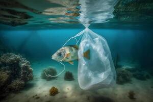 Fish and plastic pollution. Envrionmental problem - plastics contaminate seafood. Neural network photo