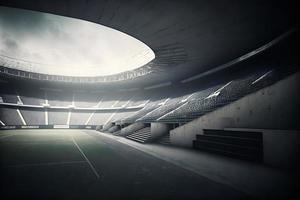 interior ver de un iluminado fútbol estadio para un juego. neural red generado Arte foto