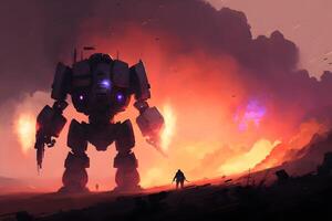 Post apocalypse concept, uprising of robots, battle of man and cyborg. Neural network photo