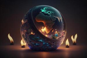 Charming magic sphere with Earth inside on table. photo