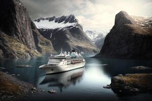 crucero Embarcacion en bahía con montañas. vacaciones a Noruega fiordos ai generativo foto